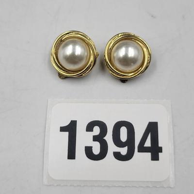 Gold Toned Faux Pearl Clip On Earrings