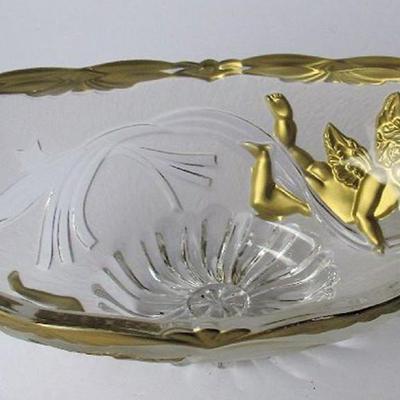 Lot 239: Large Oval Clear Glass Bowl With Angel Images