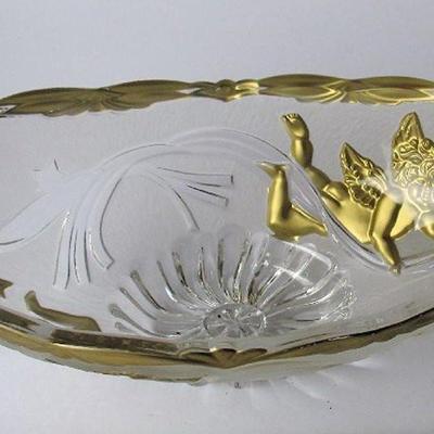 Lot 239: Large Oval Clear Glass Bowl With Angel Images