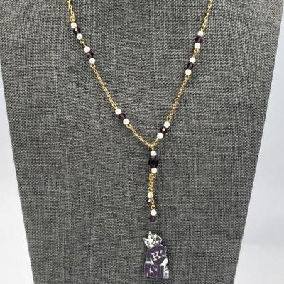 Gold Toned purple and white necklace with Willy Wildcat Lapel