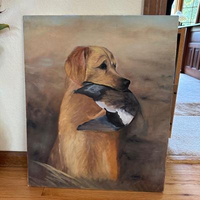 OIL ON CANVAS OF HUNTING DOG, FRAME AND VASE W/FAUX FLOWERS