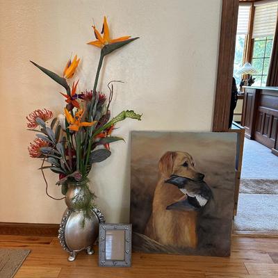 OIL ON CANVAS OF HUNTING DOG, FRAME AND VASE W/FAUX FLOWERS