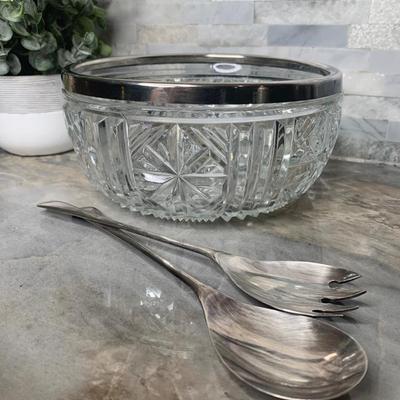 Raimond Salad Bowl Clear Cut Crystal Glass Silver Rim with Utensils