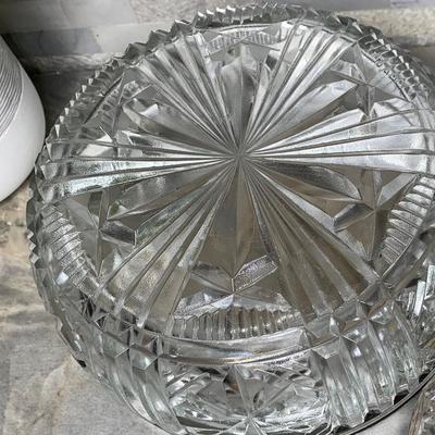 Raimond Salad Bowl Clear Cut Crystal Glass Silver Rim with Utensils