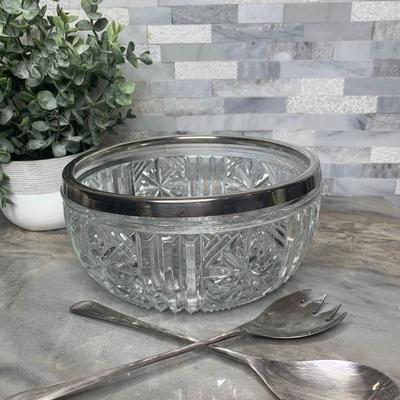 Raimond Salad Bowl Clear Cut Crystal Glass Silver Rim with Utensils