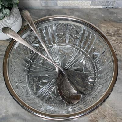Raimond Salad Bowl Clear Cut Crystal Glass Silver Rim with Utensils