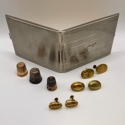 Evans Nickel Silver Cigarette Case with Vintage Thimbles & Screw Back Earrings (B2-HS)