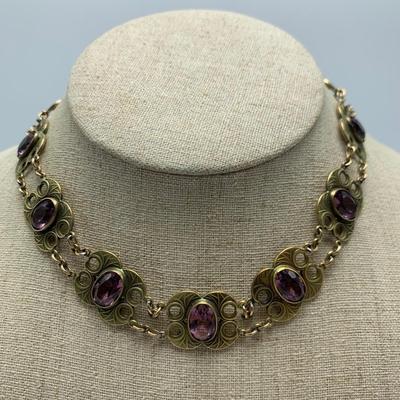 Unique Amethyst Choker with Earrings & 14K Brooch (B2-HS)