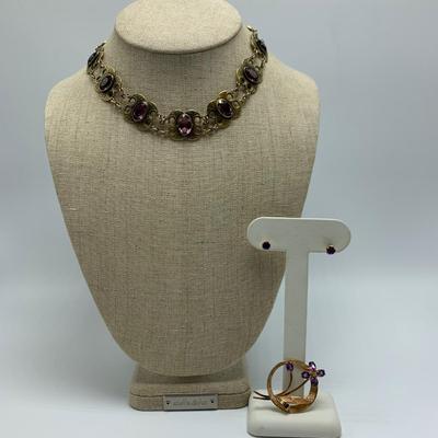 Unique Amethyst Choker with Earrings & 14K Brooch (B2-HS)