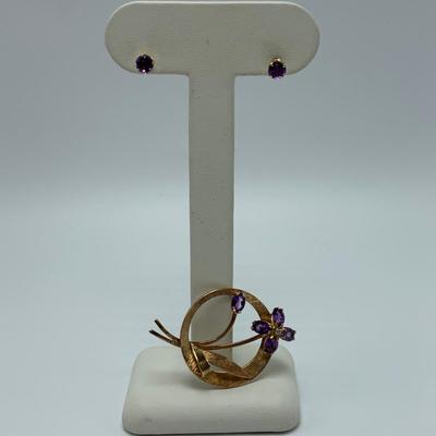 Unique Amethyst Choker with Earrings & 14K Brooch (B2-HS)