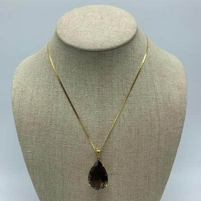 Pear Shaped Faceted Smoky Quartz Set in 18K Gold with 18K Chain (B2-HS)