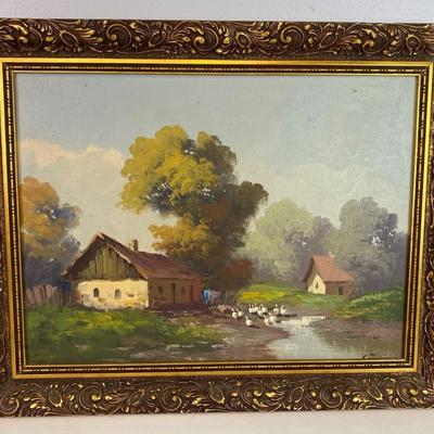 antique oil on canvas FARM SCENE framed signed SIMPSON
