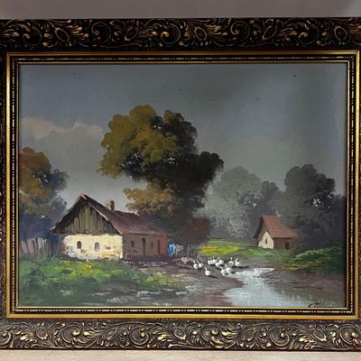 antique oil on canvas FARM SCENE framed signed SIMPSON