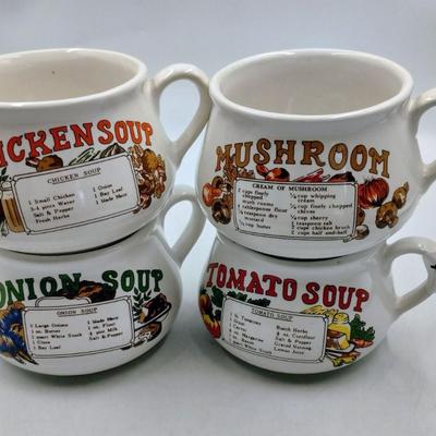 Set of 4 Vintage Soup Mugs, Assorted Recipe Soup Mugs