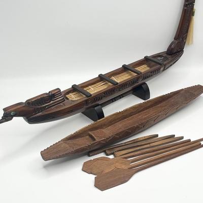 Pair (2) Solid Wood Hand Carved Canoes From Indonesia