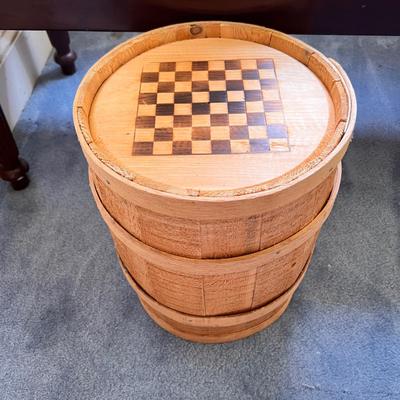 Lot Woven Picnic Baskets and Barrel Table