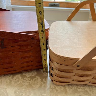 Lot Woven Picnic Baskets and Barrel Table