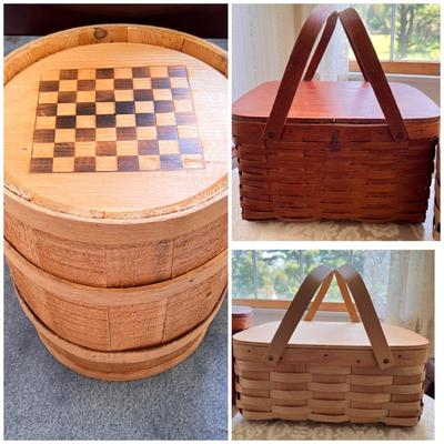 Lot Woven Picnic Baskets and Barrel Table