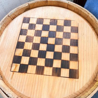 Lot Woven Picnic Baskets and Barrel Table