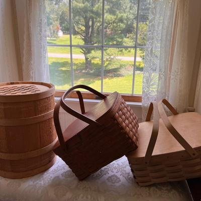Lot Woven Picnic Baskets and Barrel Table