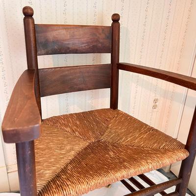 Antique Dutch Ladder Back Oak Rush Seat Armchair