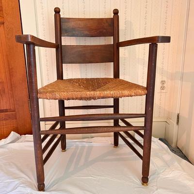 Antique Dutch Ladder Back Oak Rush Seat Armchair