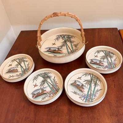 Vintage Japan G.O Ceramic Serving Bowl w 4 Side Bowls - Hand Painted