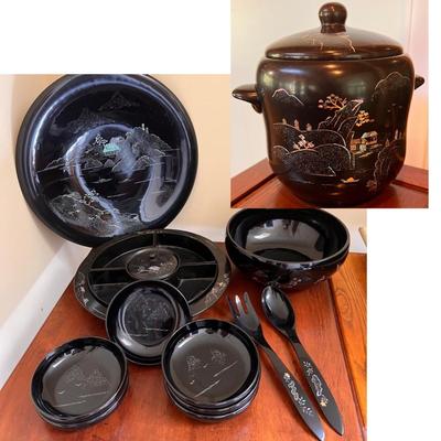 Vintage Japanese Maruni Lacquerware Serving Set Mother of Pearl Inlaid