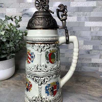 Vintage Ceramic Beer Stein pewter Lion Holding Canon Metal Lid Multiple Coat Of Arms