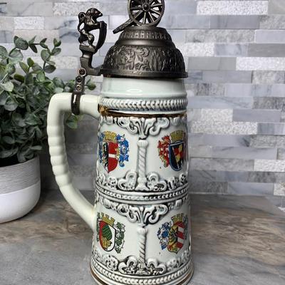 Vintage Ceramic Beer Stein pewter Lion Holding Canon Metal Lid Multiple Coat Of Arms