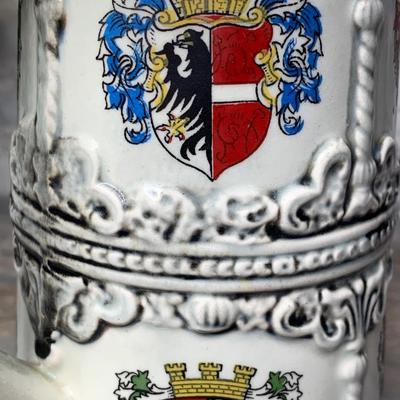 Vintage Ceramic Beer Stein pewter Lion Holding Canon Metal Lid Multiple Coat Of Arms
