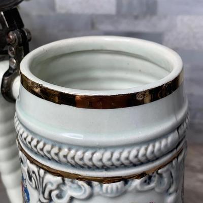 Vintage Ceramic Beer Stein pewter Lion Holding Canon Metal Lid Multiple Coat Of Arms