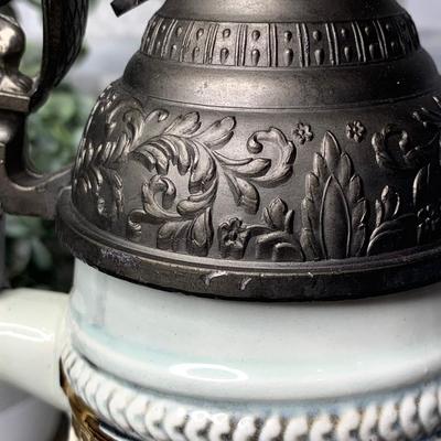 Vintage Ceramic Beer Stein pewter Lion Holding Canon Metal Lid Multiple Coat Of Arms