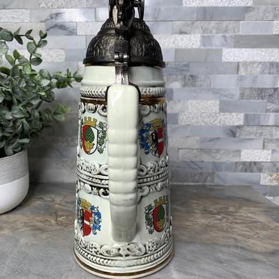 Vintage Ceramic Beer Stein pewter Lion Holding Canon Metal Lid Multiple Coat Of Arms