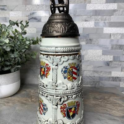 Vintage Ceramic Beer Stein pewter Lion Holding Canon Metal Lid Multiple Coat Of Arms