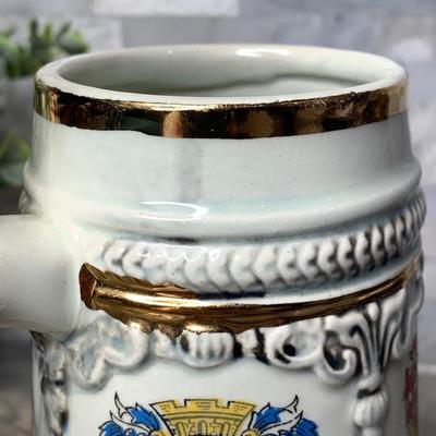 Vintage Ceramic Beer Stein pewter Lion Holding Canon Metal Lid Multiple Coat Of Arms