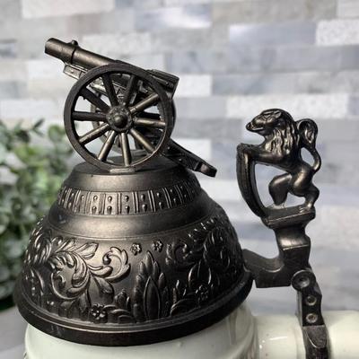 Vintage Ceramic Beer Stein pewter Lion Holding Canon Metal Lid Multiple Coat Of Arms