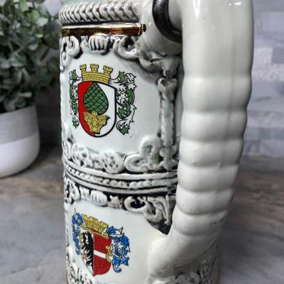 Vintage Ceramic Beer Stein pewter Lion Holding Canon Metal Lid Multiple Coat Of Arms