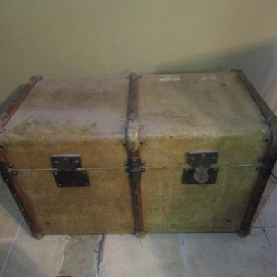 Vintage Lined Trunk with Wood and Metal Accents- Three Removable Trays