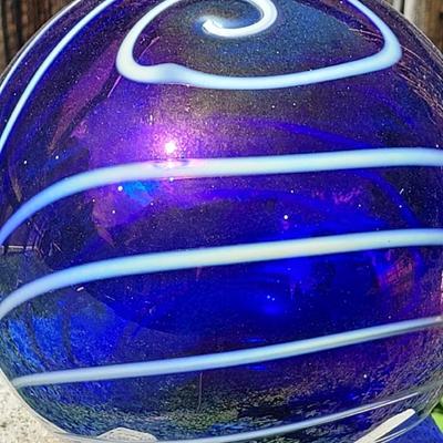 Blue Iridescent with White Swirl Glass Gazing Ball