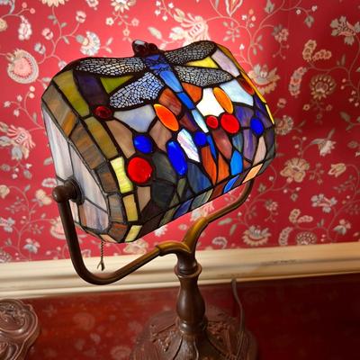 Tiffany Style Banker Table Lamp Dragonfly Stained Glass