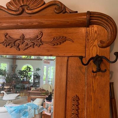 Gorgeous Antique Large Oak Hall Tree Bench w/ Mirror 41wx17dx83h