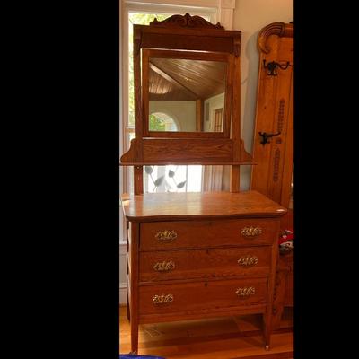Antique 3-Drawer Dresser with Tilt Mirror on Casters