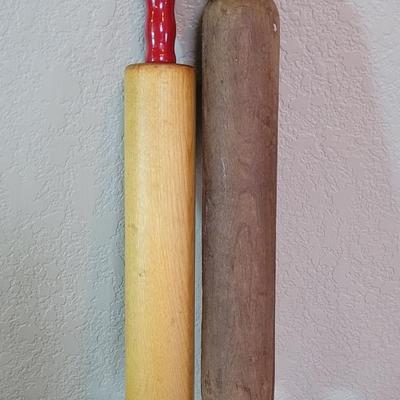 One Handmade Antique Rolling Pin and (1) Vintage Red Handled Rolling Pin
