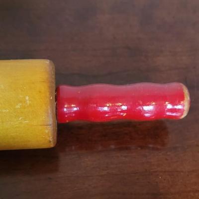 One Handmade Antique Rolling Pin and (1) Vintage Red Handled Rolling Pin