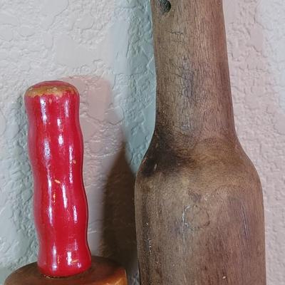 One Handmade Antique Rolling Pin and (1) Vintage Red Handled Rolling Pin