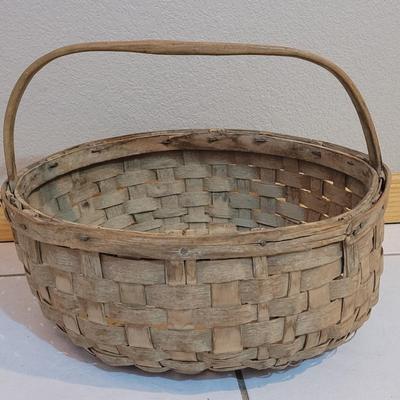 Antique Large Handmade Gathering Basket with Wooden Handle