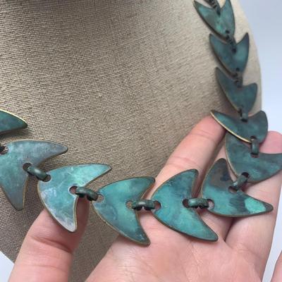 Verdigris Brass Necklace & Teal Colored Earrings (B2-HS)