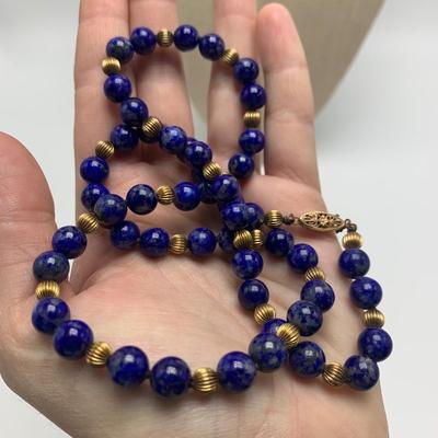 Lapis Lazuli Beaded Necklace & 14K Stud Earrings (B2-HS)