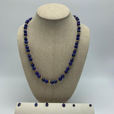 Lapis Lazuli Beaded Necklace & 14K Stud Earrings (B2-HS)